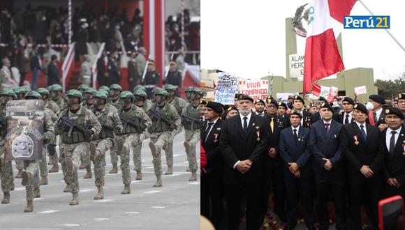 Excomandos marchan en la calle, mientras que miembros de la Compañía Histórica Chavín de Huántar desfilan en el cuartel del Ejército. (Foto: composición)