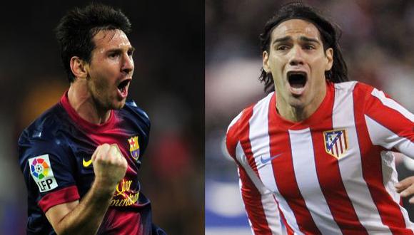 LUCHA DE GIGANTES. Messi y Falcao se verán las caras en el Camp Nou. (Agencias)