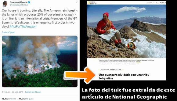 La foto que utilizó el presidente francés, Emmanuel Macron, para hablar sobre los incendios en la Amazonía corresponde a un artículo de al menos 16 años del National Geographic. (Foto: Twitter)