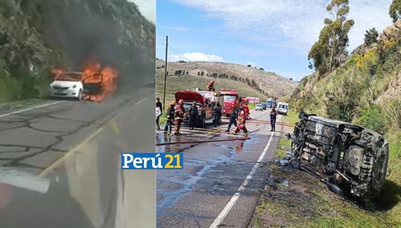 Chofer termina envuelto en llamas al incendiarse su taxi en Puno (Composición)