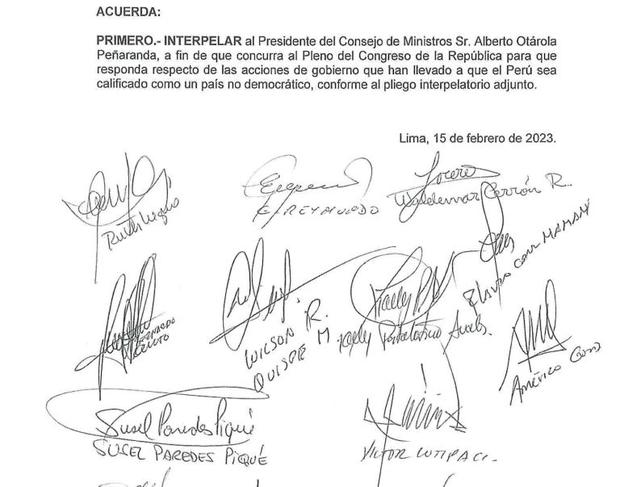 Moción de interpelación al premier Otárola presentada por bancadas de izquierda del Congreso.