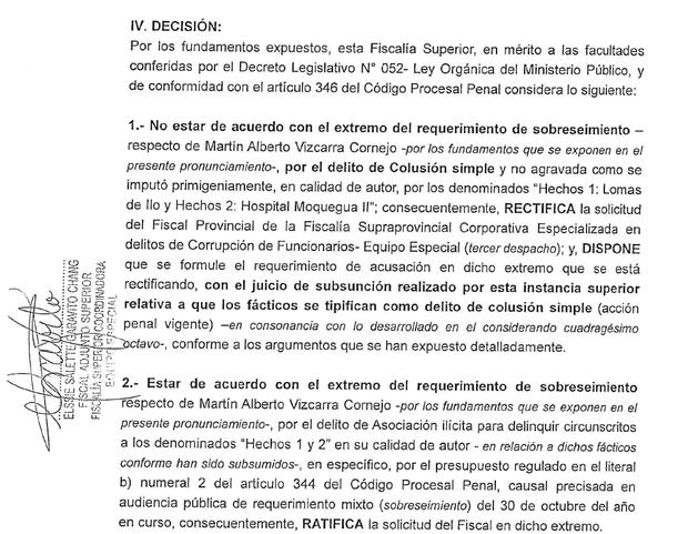 Disposición de la fiscal Elssie Garavito que ordena imputar delito de colusión contra Martín Vizcarra.