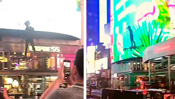 Un hombre sorprendió a los transeúntes del Times Square de Nueva York al volar sobre un don gigante (Foto: Hunter Kowald)