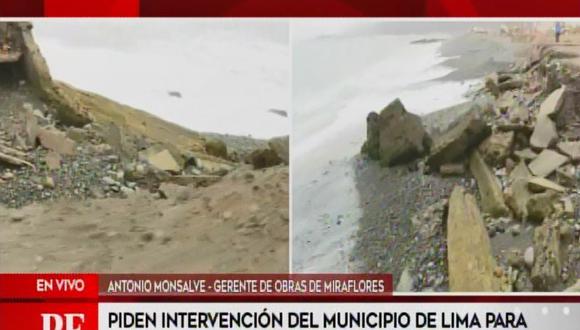 Comuna de Miraflores piden intervención de la Municipalidad de Lima para reparar zonas erosionadas por fuerte oleaje. (Captura: América Noticias)