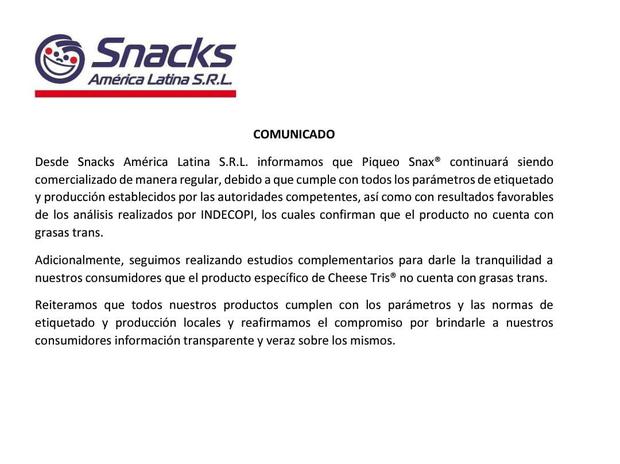 Comunicado de la empresa Snacks América Latina S.R.L. (Foto: Difusión)