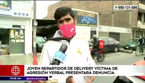 El joven repartidor denunció que fue insultado y discriminado por el sujeto en el distrito de Miraflores.  (Foto: Captura América Televisión)