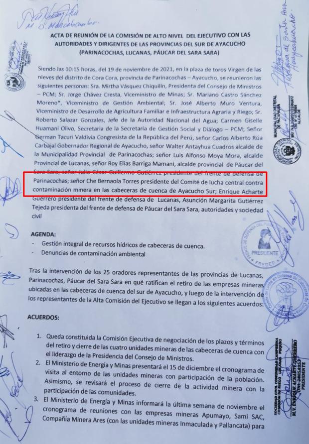 Acta suscrita por la jefa del Gabinete Mirtha Vásquez en Ayacucho.