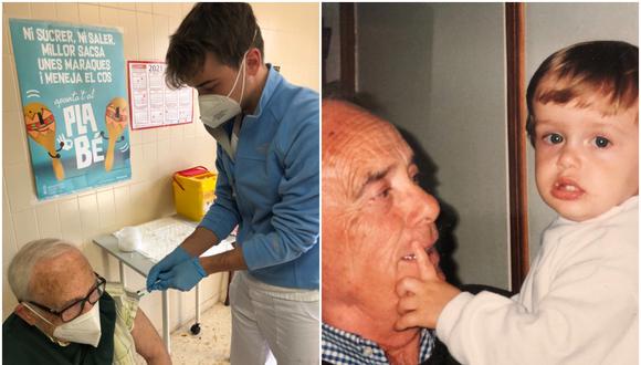Enfermero que vacunó a su abuelo y compartió foto se volvió viral en redes sociales. (Foto: @JuliArrufat11 / Twitter)