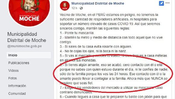 Municipalidad de Moche hace insólita recomendación durante cuarentena: "Ahora más que nunca se requiere que seas fiel” (Foto: Facebook)