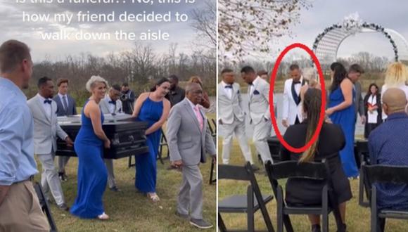 En esta imagen se aprecia el momento en que un novio va hacia el altar de su boda dentro de un ataúd. (Foto: @tobz88 / TikTok)