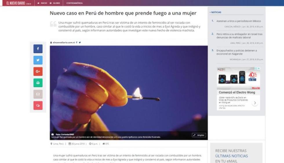 Así informan los medios extranjeros sobre la cajamarquina atacada con gasolina. (Capturas)