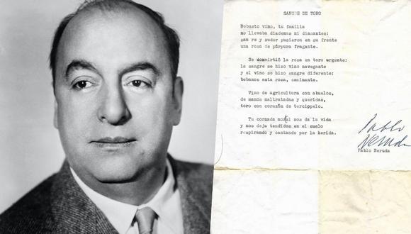 Retrato de Pablo Neruda de 1953 (izquierda). Manuscrito hallado recientemente (derecha). (Foto: AFP)