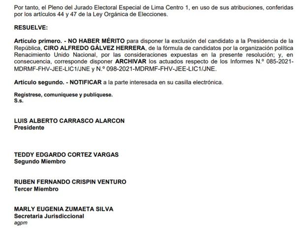 Resolución sobre Ciro Gálvez Herrera. (Foto: JEE Lima Centro 1)