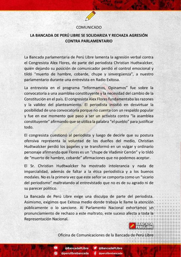 Comunicado de la bancada de Perú Libre. (Foto: Congreso)