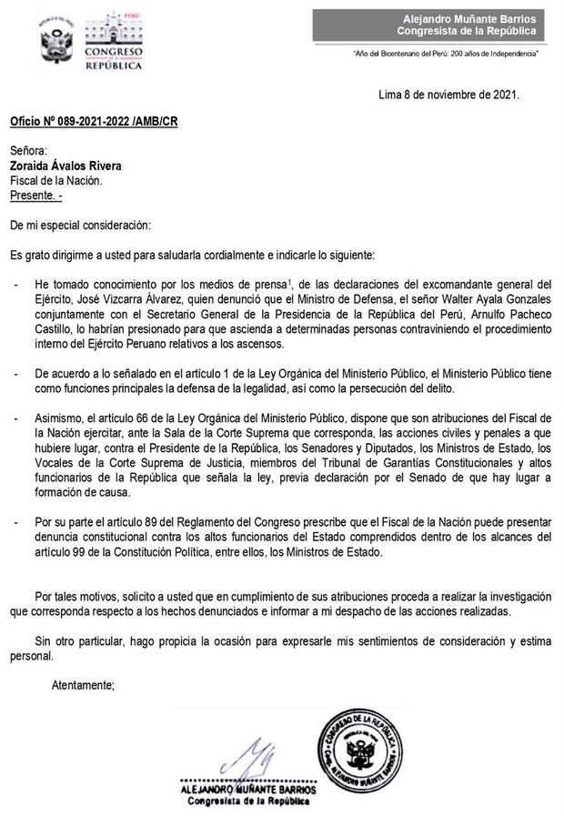 Alejandro Muñante envió oficio a Zoraida Ávalos.