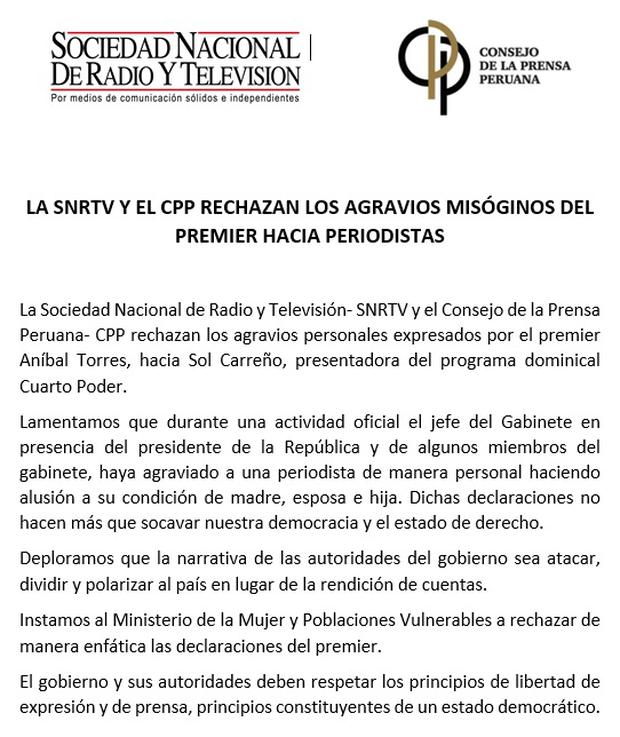 La SNRTV y el Consejo de la Prensa Peruana enviaron comunicado deplorando declaraciones de Torres.