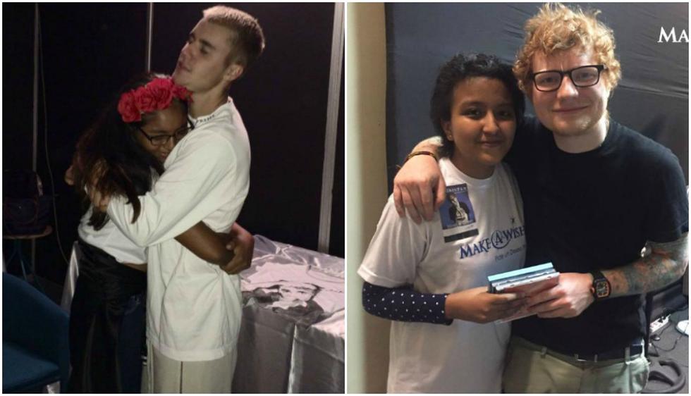 Nayeli con Justin Bieber (Izquierda) y Jennifer con Ed Sheeran (derecha). (Facebook/Make a wish Perú)