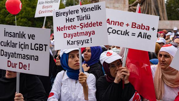 Los manifestantes sostienen pancartas y banderas durante una manifestación anti-LGBT organizada por organizaciones pro-islámicas en Estambul el 18 de septiembre de 2022. (Foto de Yasin AKGUL / AFP)