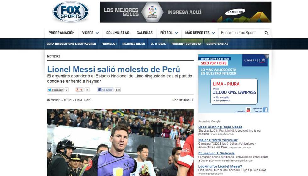 Fox Sports solo destacó la molestia del argentino y no el festival de goles.