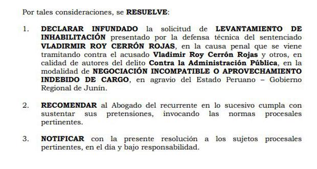 Declaran infundado pedido de Cerrón para ejercer cargos públicos.