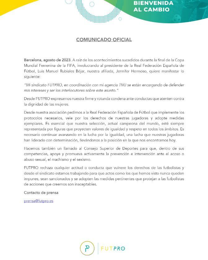 Comunicado oficial de la Futpro sobre el beso forzado de Rubiales contra Hermoso.