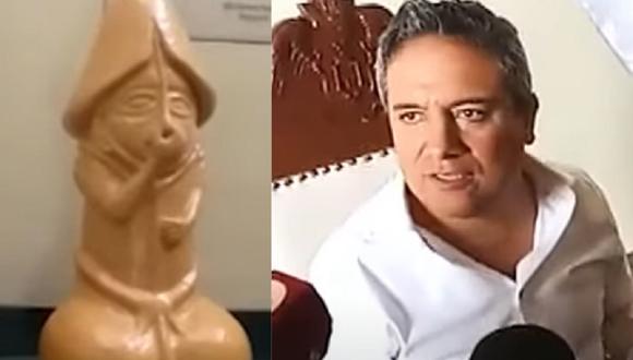El huaco erótico y el alcalde de Trujillo, Arturo Fernández. (Foto: captura TV)
