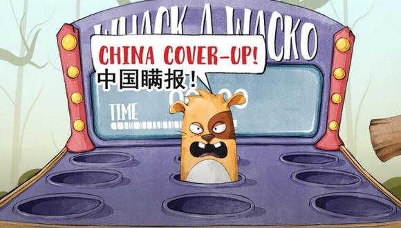 El corto, titulado ‘Whack a wacko’, muestra a un joven que representa a China y que juega a una versión del popular juego recreativo en el que se ha de golpear con un mazo a los topos que van saliendo del suelo. (Foto: Captura YouTube)
