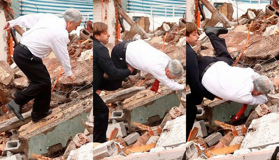 Sebastián Piñera visitaba una demolición de edificios cuando perdió el equilibrio y cayó. (La Tercera)