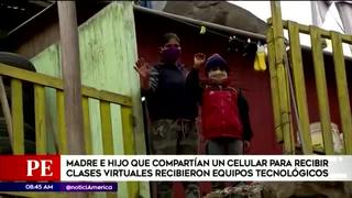 Madre e hijo que compartían celular para clases virtuales reciben equipos electrónicos
