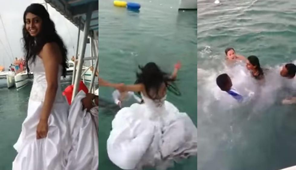 En el mar de Honduras, una novia quería impresionar a su esposo y se lanzó al agua sin calcular que el vestido le impediría nadar bien. El video en Facebook se volvió viral. (Foto: Captura)