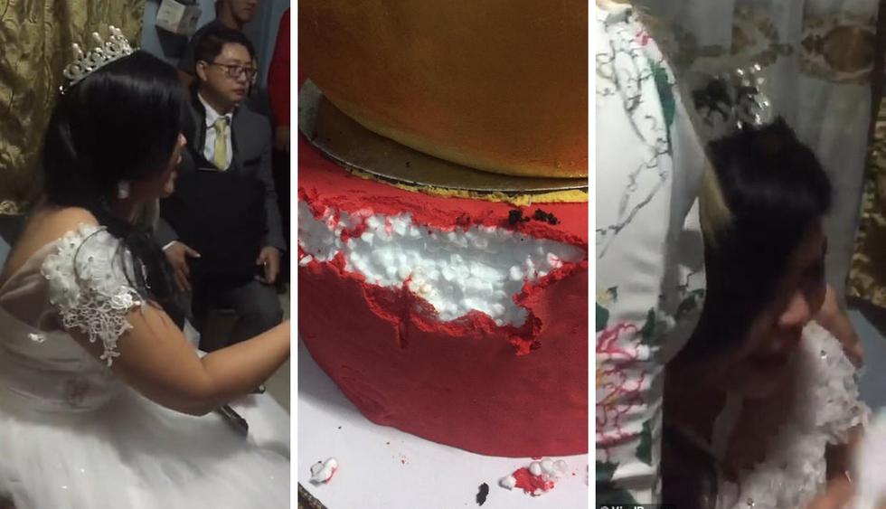 Una novia quedó devastada al descubrir que había sido estafada al cortar su pastel de bodas falso. (Fotos: Viral Press en YouTube)