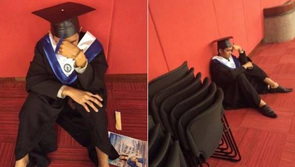El joven no pudo contener sus lágrimas al notar que su familia no asistió a su graduación. (Imagen: Jeric R. Rivas/ Facebook)