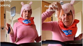 Veganos indignados con anciana que cocina tocino vestida de Peppa Pig: “Es ofensivo para los cerdos”