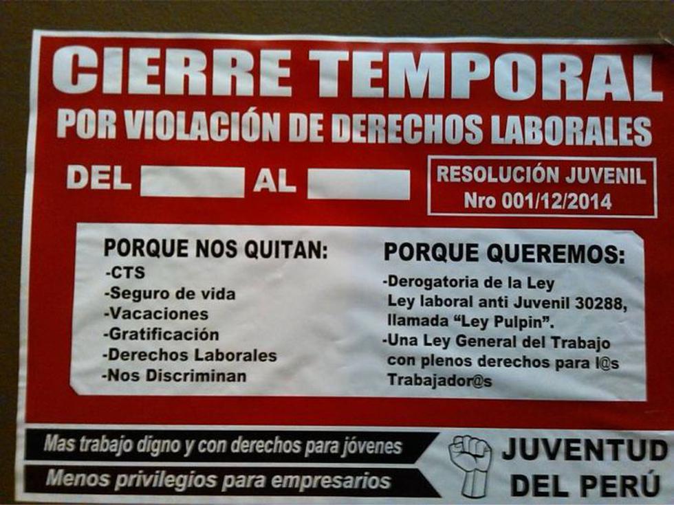 Ley Pulpín: Protestantes pegaron estos afiches en la puerta de la Confiep. (Facebook Javier Aguilar)