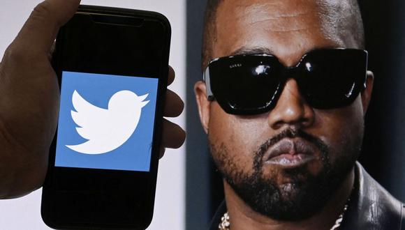 El logotipo de Twitter se muestra en un teléfono móvil con una foto de Kanye West en el fondo el 28 de octubre de 2022 en Washington, DC. (Foto de OLIVIER DOULIERY / AFP)