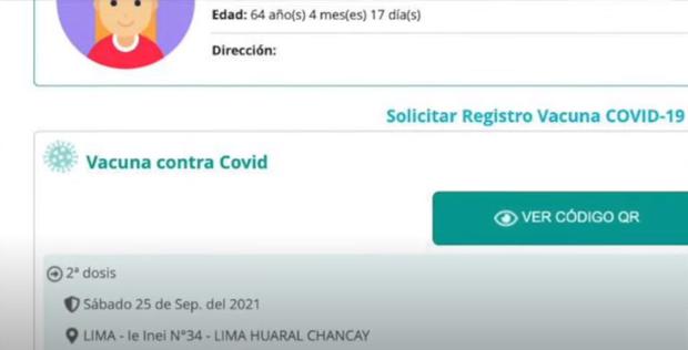 Según el portal de noticias, este es el registro de una mujer que vive en Lima y pagó para figurar como vacunada en Chancay. (Captura de video La Encerrona)