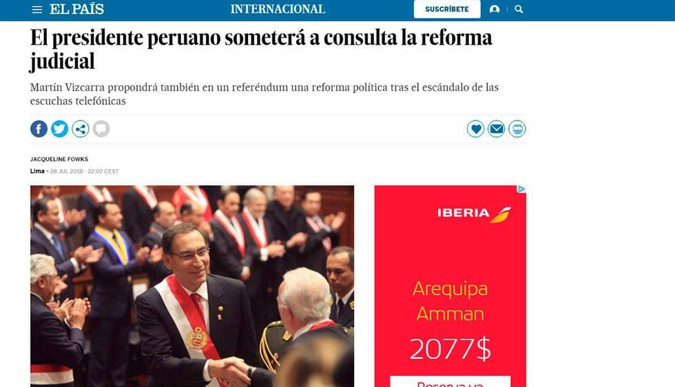 De esta forma informó el diario "El País" de España sobre el referéndum anunciado por Vizcarra. (Foto: Captura)