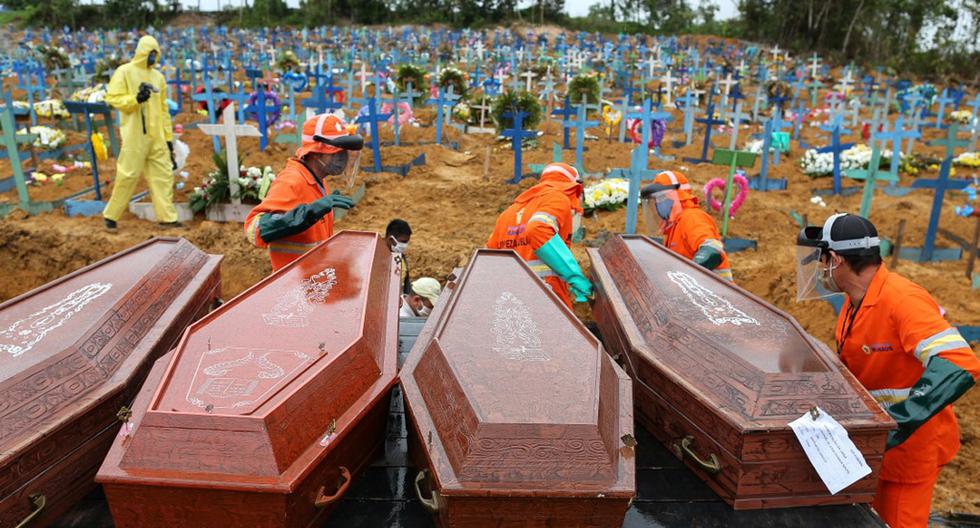 Imagen referencial. Los ataúdes se descargan para ser enterrados en el cementerio Nossa Senhora en Manaos, estado de Amazonas, Brasil. (AFP/MICHAEL DANTAS).