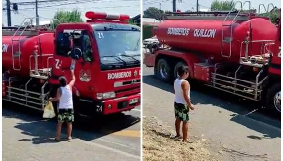 Niño detiene camión de bomberos que iba a apagar incendio para regalarles botellas de agua. (Foto: Twitter | OctavaBioBio)