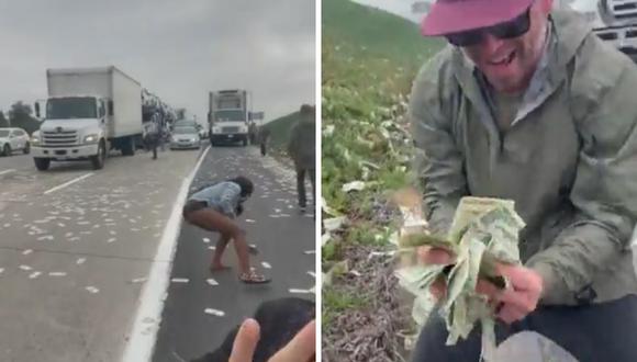 Camión sufre accidente y el dinero sale esparcido en las pistas en California (Estados Unidos). (Foto: Captura RT Twitter)