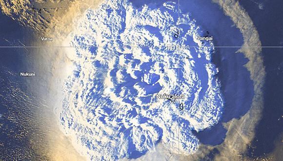 Una imagen satelital proporcionada por los Servicios Meteorológicos de Tonga muestra una erupción explosiva del volcán Hunga Tonga-Hunga Ha'apai. (EFE).