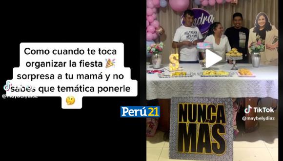 El video viral muestra la decoración de 'Nunca más' para un cumpleaños. Foto: TikTok de @maybelydiaz