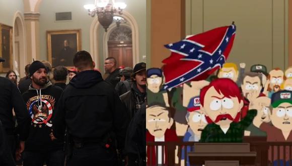 Los internautas no dudaron en comparar los lamentables hechos ocurridos en la sede del legislativo estadounidense con la trama de un episodio de South Park. | Crédito: AFP / Comedy Central.