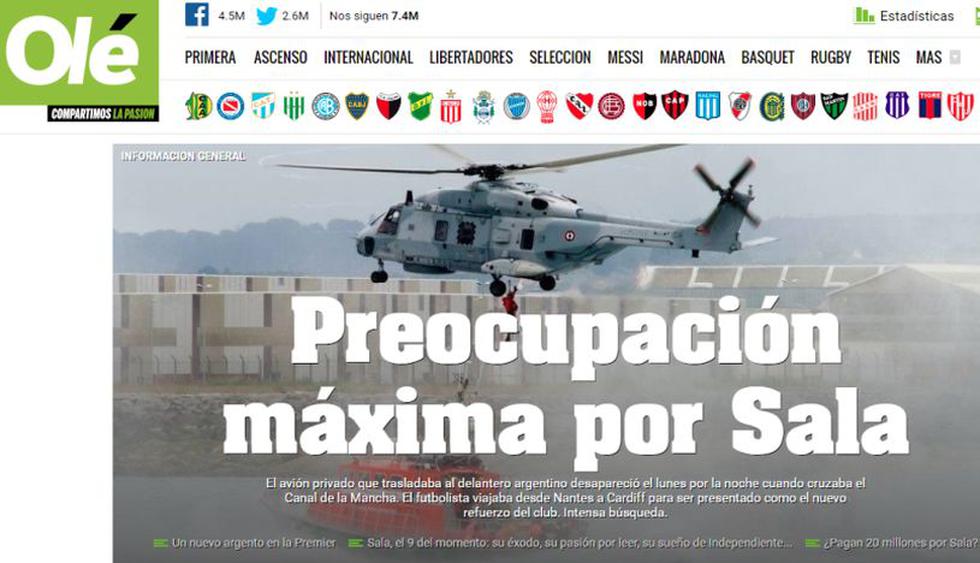 La reacción de los medios internacionales tras la desaparición del avión privado en el que viajaba futbolista Emiliano Sala. (Foto: Olé)