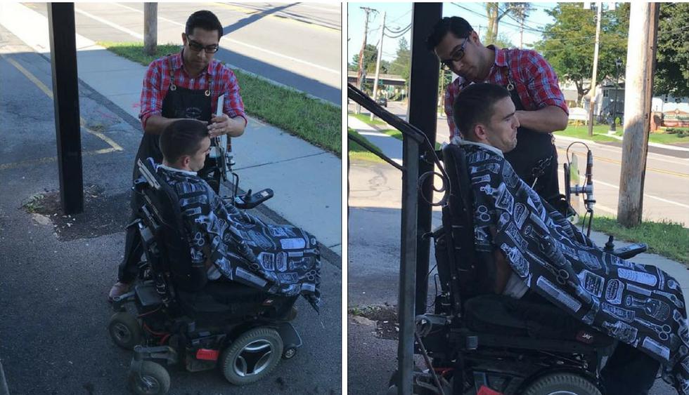 Barbero atendió en la calle a un cliente en silla de ruedas que no pudo ingresar a su local. (Crédito: Joe Cocozza en Facebook)