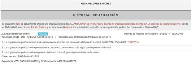 Hilda Geldres Sánchez was a member of the Alliance for Progress.  (Photo: ROP)