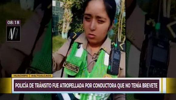 Agente PNP Vani Centeno Vásquez denunció que fue atropellada por una mujer que conducía contra el tránsito en Huachipa. (Captura: Canal N)