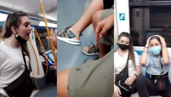 Tres adolescentes protagonizaron actos de racismo contra una pareja de ecuatorianos. Las jovencitas insultaron y escupieron a los sudamericanos mientras viajaban tranquilamente en la línea 4 del Metro de Madrid, España. (Foto: Captura @SLau_2020).
