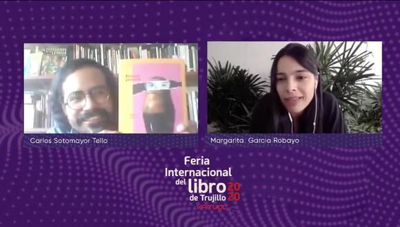 El periodista Carlos Sotomayor conversó con la escritora colombiana Margarita García Robayo en la Fil Trujillo. A pesar de la distancia, los formatos virtuales permiten el contacto y conversación alrededor de los libros. (Captura: Facebook @FilTrujillo2020)