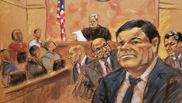 Dibujo de la artista Jane Rosenberg donde aparece el juez de la corte federal de Brooklyn, Brian Cogan, mientras lee el veredicto contra el narcotraficante mexicano Joaquín "El Chapo" Guzmán. (Foto: EFE)